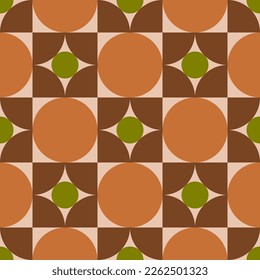 Seamless vector graphic of circles and quarter circles in shades of brown and green. It might be used as a retro fabric or wallpaper