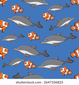 Seamless vector graphic design of cute fish animals features charming, clean, shark, nemo, dolphin, and scalable illustrations perfect for various digital and print applications. 