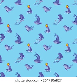 Seamless vector graphic design of cute fish animals features charming, clean, shark, nemo, dolphin, and scalable illustrations perfect for various digital and print applications. 