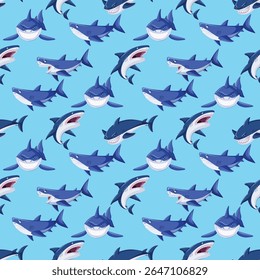 Seamless vector graphic design of cute fish animals features charming, clean, shark, nemo, dolphin, and scalable illustrations perfect for various digital and print applications. 