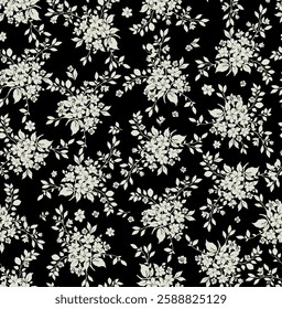 seamless vector graphic of floral pattern on a black background, ditsy flowers and leaves, romantic millefleurs 