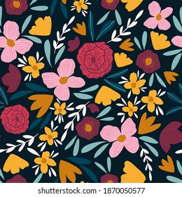 seamless vector graphic floral repeat pattern in pink, yellow, white and blue on a navy bakground
