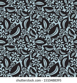 A seamless vector graphic floralbattern with black flowers and leaves on a pale blue background. Surface print design.