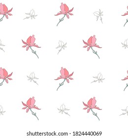 Ilustración gráfica vectorial de flores de magnolia floreciente para el diseño de impresiones, superficies y postales. Delicados elementos florales rosas están aislados en un fondo blanco.