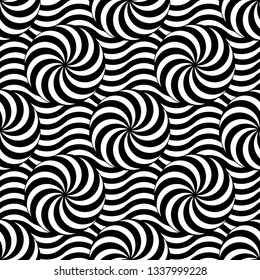 Seamless vector graphic of monochrome repeating pattern of circles spiralling to a centre point with a background of wavy lines.