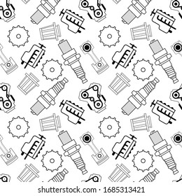 patrón gráfico vectorial transparente de piezas de repuesto para automóviles. patrón de línea de motor de gasolina, escape, engranaje, bujía, filtro y pistón.