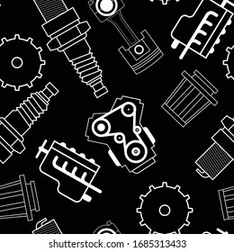 patrón gráfico vectorial transparente de piezas de repuesto para automóviles. patrón de línea de motor de gasolina, escape, engranaje, bujía, filtro y pistón.