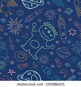 Seamless vector graphic pattern colorful design of outer space with lined aliens, rockets, stars and planets on dark blue. The design is perfect for packaging, wallpaper, wrapping paper, decorations