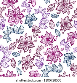 Seamless vector graphic pattern with leaves, beads and flowers made in abstract line style in bright colors