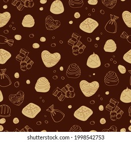 Seamless vector graphic vintage pattern of delicious pieces of milk chocolate, sweets, dragee. World Chocolate Day. Dessert food illustration. For packaging, menu, cookbook, postcard, banner.