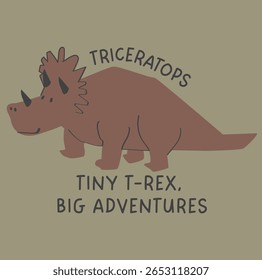 Dinossauros gráficos vetoriais sem costura como Triceratops, com texto Baby minúsculo T-Rex grande aventura, elementos fofos e, Dino Power, Perfeito para vestuário de crianças, têxtil, papéis de parede, fundo base de azeitona.