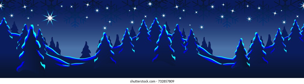 Seamless vector graphics of snowy fir forest at night with starlight; Endless winter and Christmas scenery; Snow covered winter landscape in horizontal format