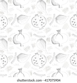 Seamless vector gray pattern with hand drawn pomegranates, leaves and scribbles on the white background. Series of Cartoon, Doodle, Sketch and Scribble Seamless Patterns. 