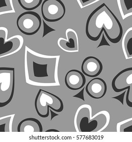 Seamless vector gray pattern with icons of playings cards. background with hand drawn symbols. Decorative grey repeat ornament. Series of Gaming and Gambling Seamless vector Patterns