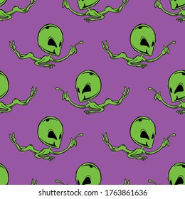 Vector sin foco de extraterrestres verdes sobre fondo púrpura pastel