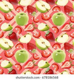 Seamless Vector Green Apple And Strawberry Pattern