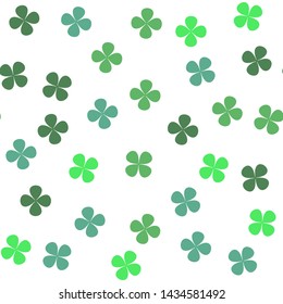 Seamless vector green clover pattern. Chaotic clovers four-leaves elements background 10 eps. Saint Patrick's day background. For design, fabric, textile, web, wrapping.