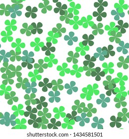 Seamless vector green clover pattern. Chaotic clovers four-leaves elements background 10 eps. Saint Patrick's day background. For design, fabric, textile, web, wrapping.
