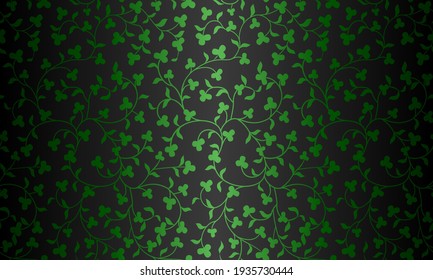 Seamless vector green floral pattern on black background. Repeating damask texture. Premium trefoil wrapping paper or silk shamrock cloth for St. Patrick day