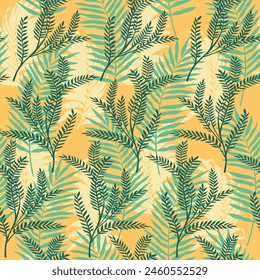 seamless vector green leaf pattern on yellow background