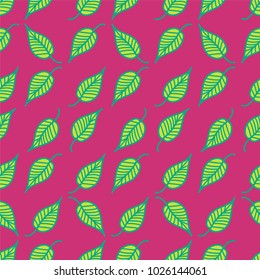 Seamless vector green leafs pattern on burgundy background