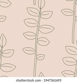 Seamless vector green leaves pattern. Thin line botanical illustration background. Stylish trendy plant organic nature wallpaper. Tropical pattern