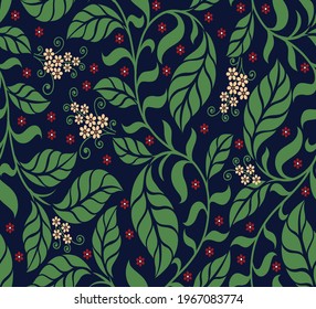 seamless vector green leaves Pattern on navy background