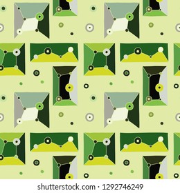 Seamless vector green pattern. geometrical hand drawn икшпре background with rectangles, squares, triangles, dots. Print for wallpaper, packaging, wrapping, fabric. Line drawing, graphic design