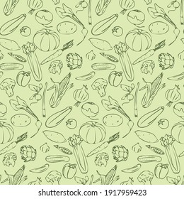 Seamless vector green pattern with hand drawn vegetables