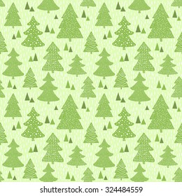 Seamless vector green pattern with hand drawn christmas trees