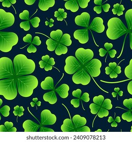 Seamless vector green pattern of shamrock and four-leaf clover. Elements for St. Patrick's Day design. Lucky clover. A vegetative natural background.