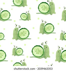 Seamless vector green pattern with watercolor cute cartoon snail and cucumber