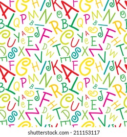Seamless vector green, pink, red and yellow on white alphabet letters pattern illustration