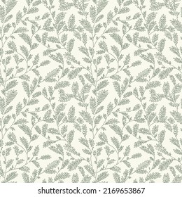 Seamless vector green sage color line leaf and twig pattern on beige background. Hand drawn floral botanical wallpaper.