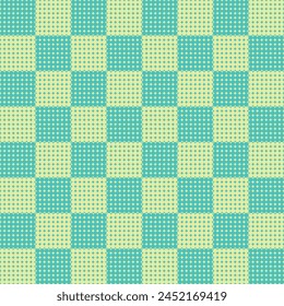 Seamless vector green and yellow polka dots checkered pattern, cute wallpaper design, illustration, pattern for kids and baby. 