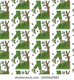 Seamless vector of green-clad legs walking through forest foliage—perfect for eco-tourism, nature apps, or sustainability campaigns.