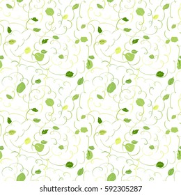 Seamless vector greenery pattern. Leaves, flourishes on white background. Hand drawn ornamental elements.