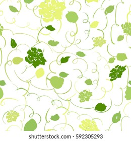 Seamless vector greenery pattern. Leaves, flourishes and abstract flowers like peonies or roses silhouettes on white background. Hand drawn ornamental elements. Beautiful modern illustration.