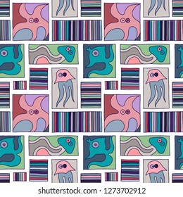 Seamless vector grey background with hand drawn decorative childlike fish, jellyfish, octopus, starfish. Graphic illustration. Print for wrapping, wallpaper, background, surface, packaging
