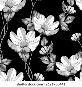vetor sem costura padrão de flor cinza no fundo preto