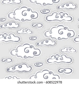 Seamless vector grey pattern. Background with clouds. dot work. Line art.
