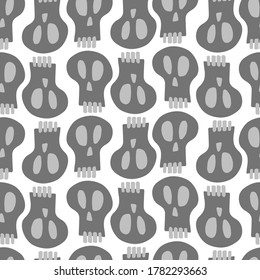 Seamless vector grey pattern of skulls with teeth in lines on white background. The design is perfect for decorations, textiles, surfaces, wallpaper, wrapping paper