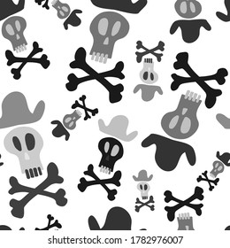Seamless vector grey pattern of skulls with teeth with bones and hats on white background. The design is perfect for decorations, textiles, surfaces, wallpaper, wrapping paper