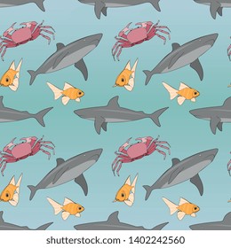 Seamless Vector Grey Shark, Pink Sea Crab And Golden Fish Illustration Pattern