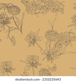 seamless vector grey stock flowers leaves pattern on yellow background