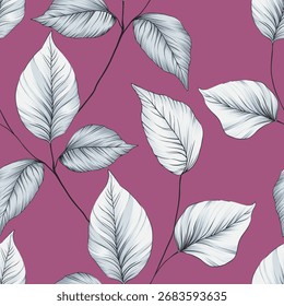 Patrón de hoja de stock gris de Vector sin costuras sobre fondo rosa