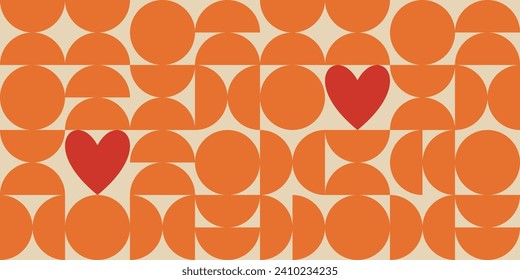 Seamless vector groovy Valentines day background. Trendy geometric shapes with circles, squares and hearts in retro 70s style