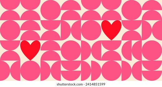 Seamless vector groovy Valentines day background. Trendy geometric shapes with circles, squares and hearts in retro 70s style