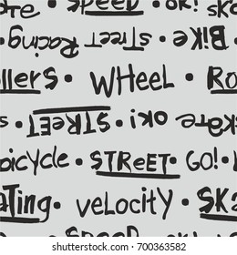 Seamless vector grunge doodle pattern drawn with a tablet. Hand drawn sketch black and white endless texture. Doodle scratched words. Can be used for paper, fabric, fashion, clothes, T-shirt design