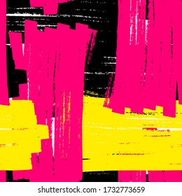 Seamless vector grunge pattern. Colored brush strokes on white background. Yellow, black, pink swatch highlighter marker. Stock graffiti illustration for wallpaper, prints, wrapping paper, textile